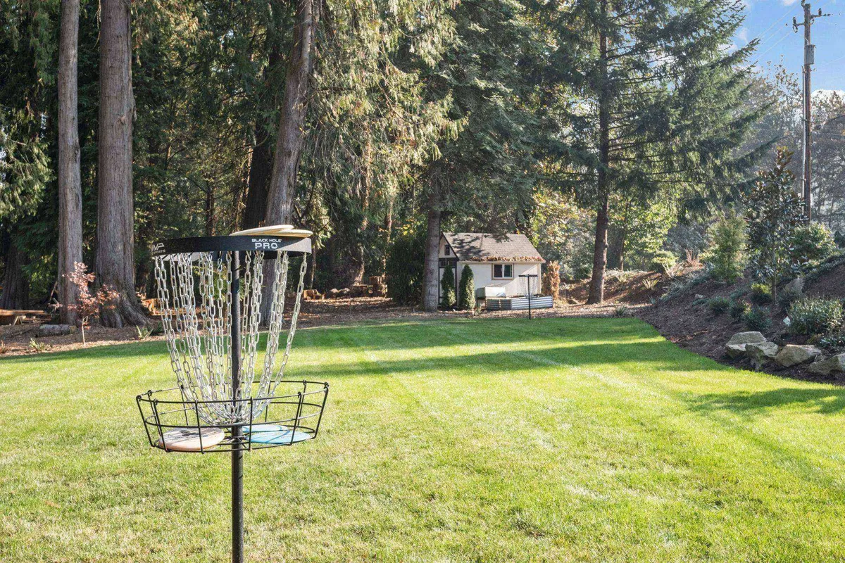 A disc golf basket stands on a lush, green lawn bordered by tall trees, next to a small shed. The playful setup suggests ample space for outdoor games and relaxation in a natural environment.